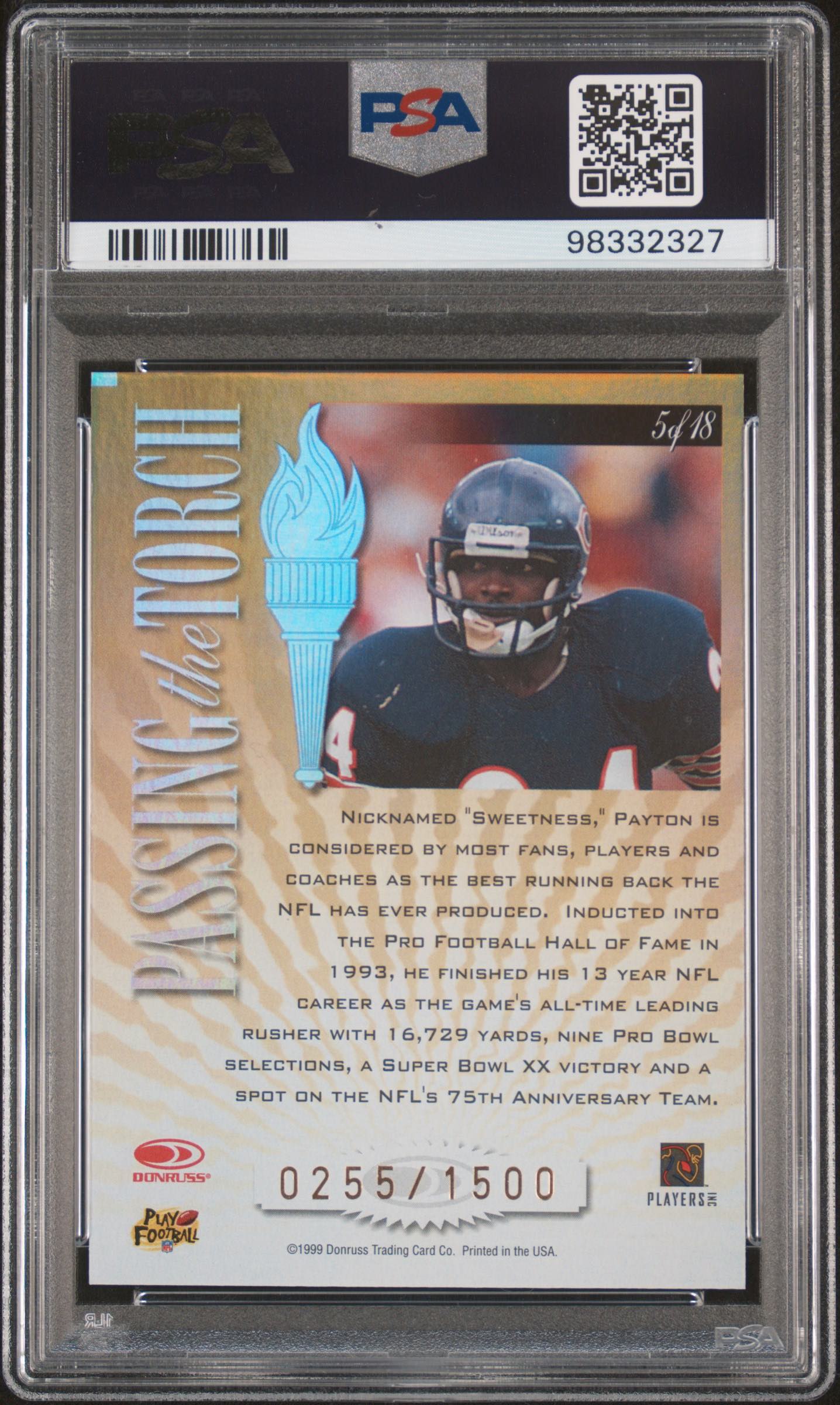 1999 Donruss Elite Walter Payton Passing The Torch #5 /1500 PSA 10 - back