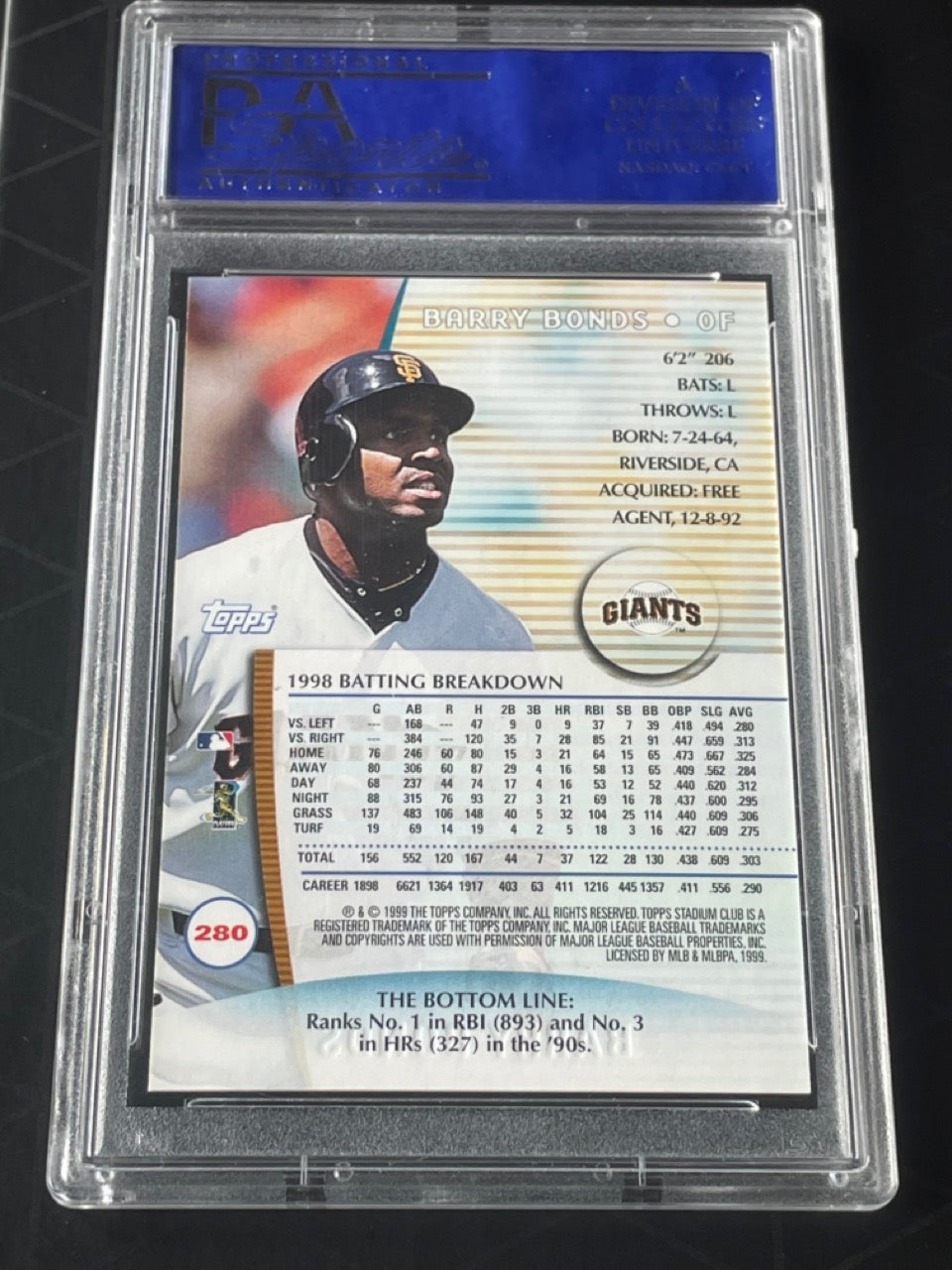 1999 Stadium Club Barry Bonds #280 Auto PSA 10 Pop 1 San Francisco Giants - back