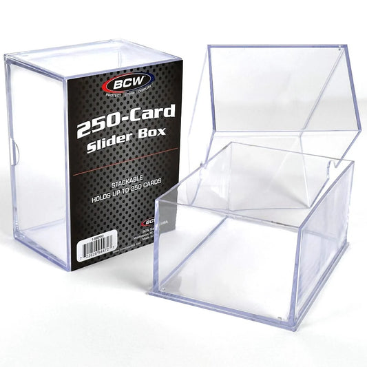 BCW Card Storage Slider Box (fits 250 standard size cards) - two boxes pictured side by side with one of them showing two pieces apart