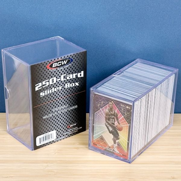 BCW Card Storage Slider Box (fits 250 standard size cards) - one empty box pictured next to another filled with basketball cards inside