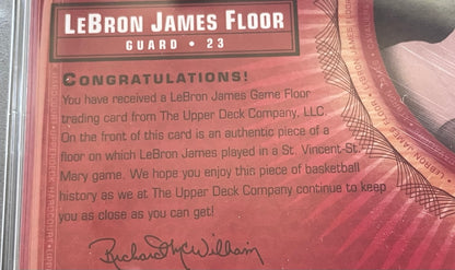 2003 UD Hardcourt LeBron James #LB4 Floor PSA 6 Cleveland Cavaliers - back zoom on authentic floor message when LeBron played in a St. Vincent-St. Mary game.