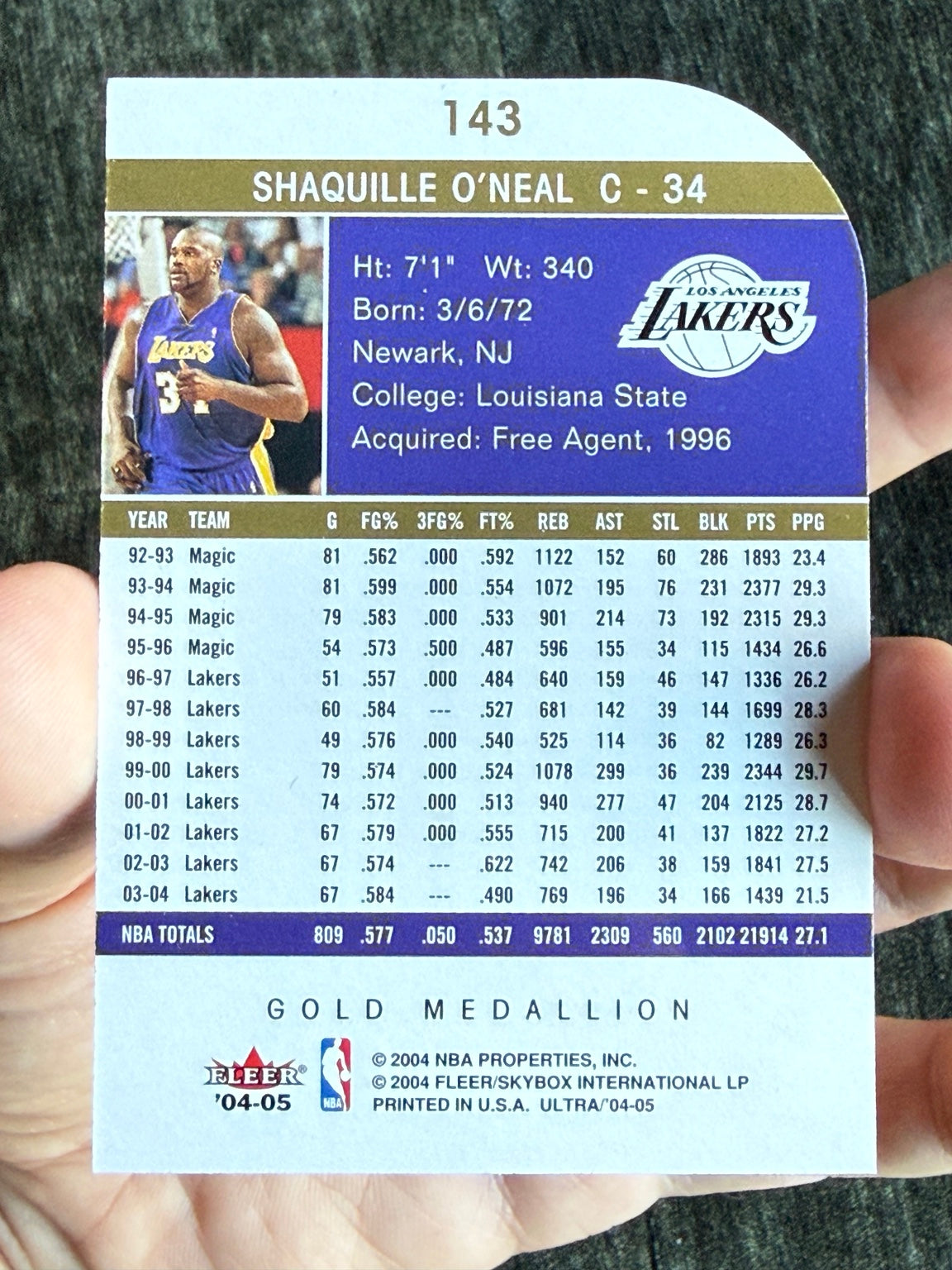 2004 Fleer Ultra Shaquille O’Neal Gold Medallion #143 back