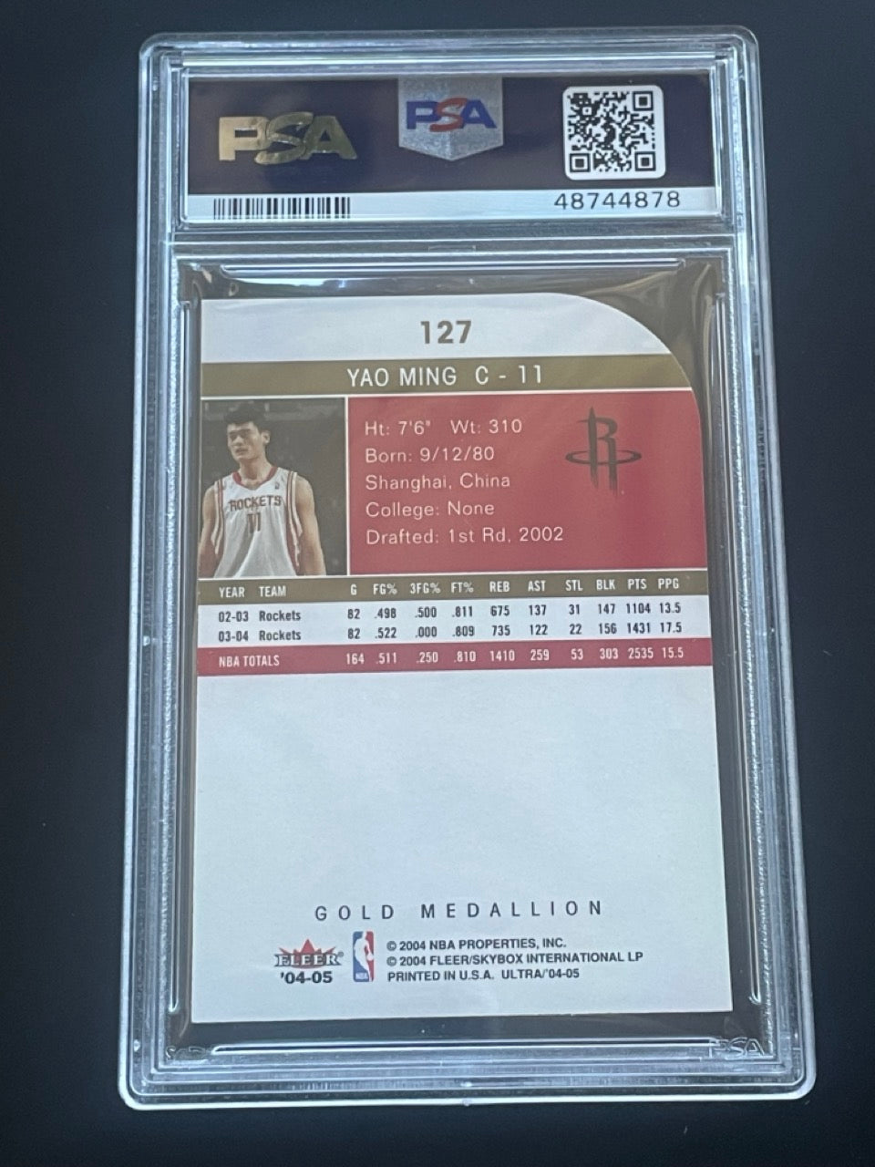 2004 Fleer Ultra Yao Ming Gold Medallion #127 PSA 10 Houston Rockets - back