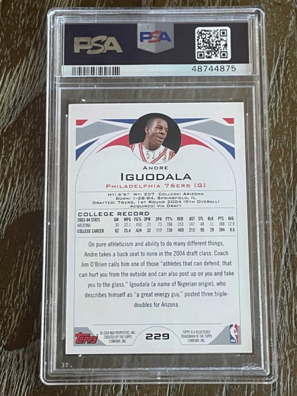 2004 Topps Andre Iguodala Rookie #229 Gold /99 PSA 9 Philadelphia 76ers - back