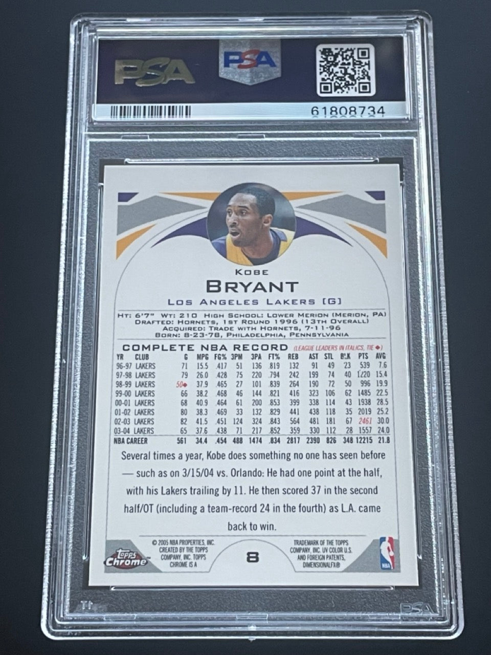 2004 Topps Chrome Kobe Bryant #8 PSA 9 Los Angeles Lakers - back