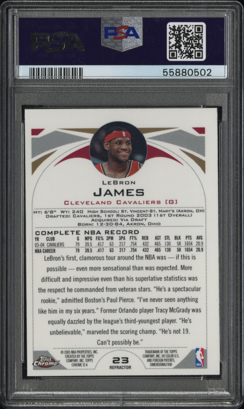 2004 Topps Chrome Lebron James Refractor #23 PSA 9 - back