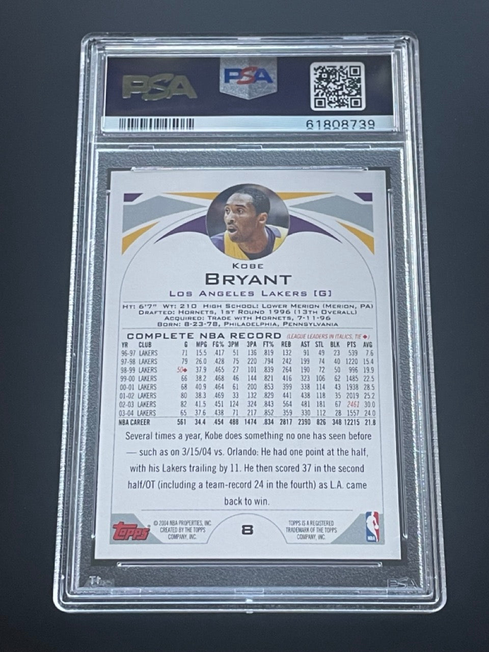 2004 Topps Kobe Bryant #8 PSA 9 Los Angeles Lakers - back