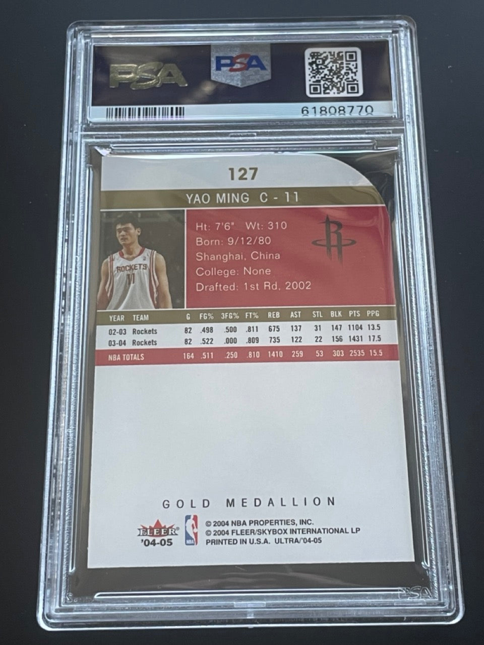 2004 Ultra Yao Ming #127 Gold Medallion PSA 9 Houston Rockets - back