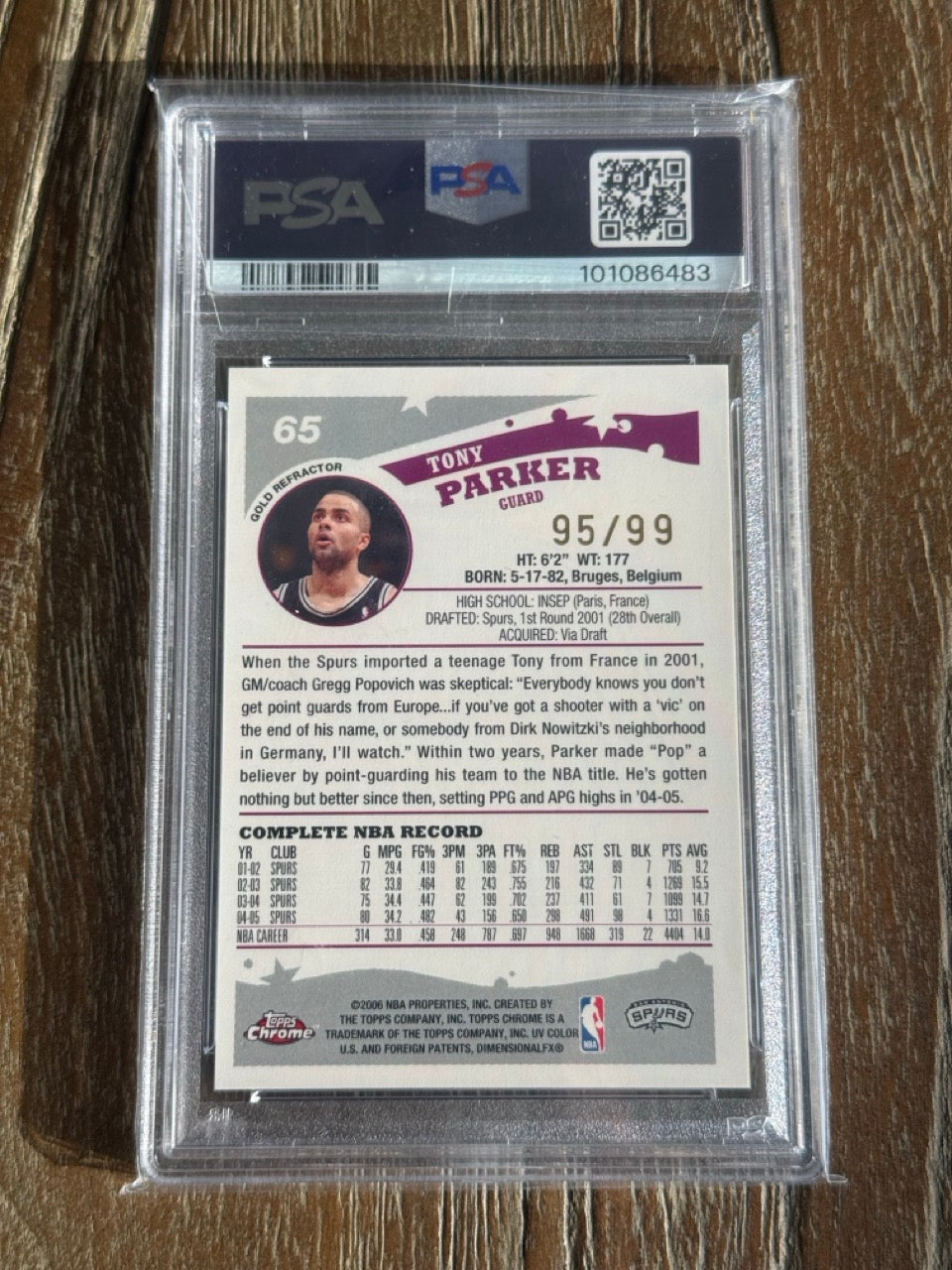 2005 Topps Chrome Tony Parker Gold Refractor #65 PSA 10 back