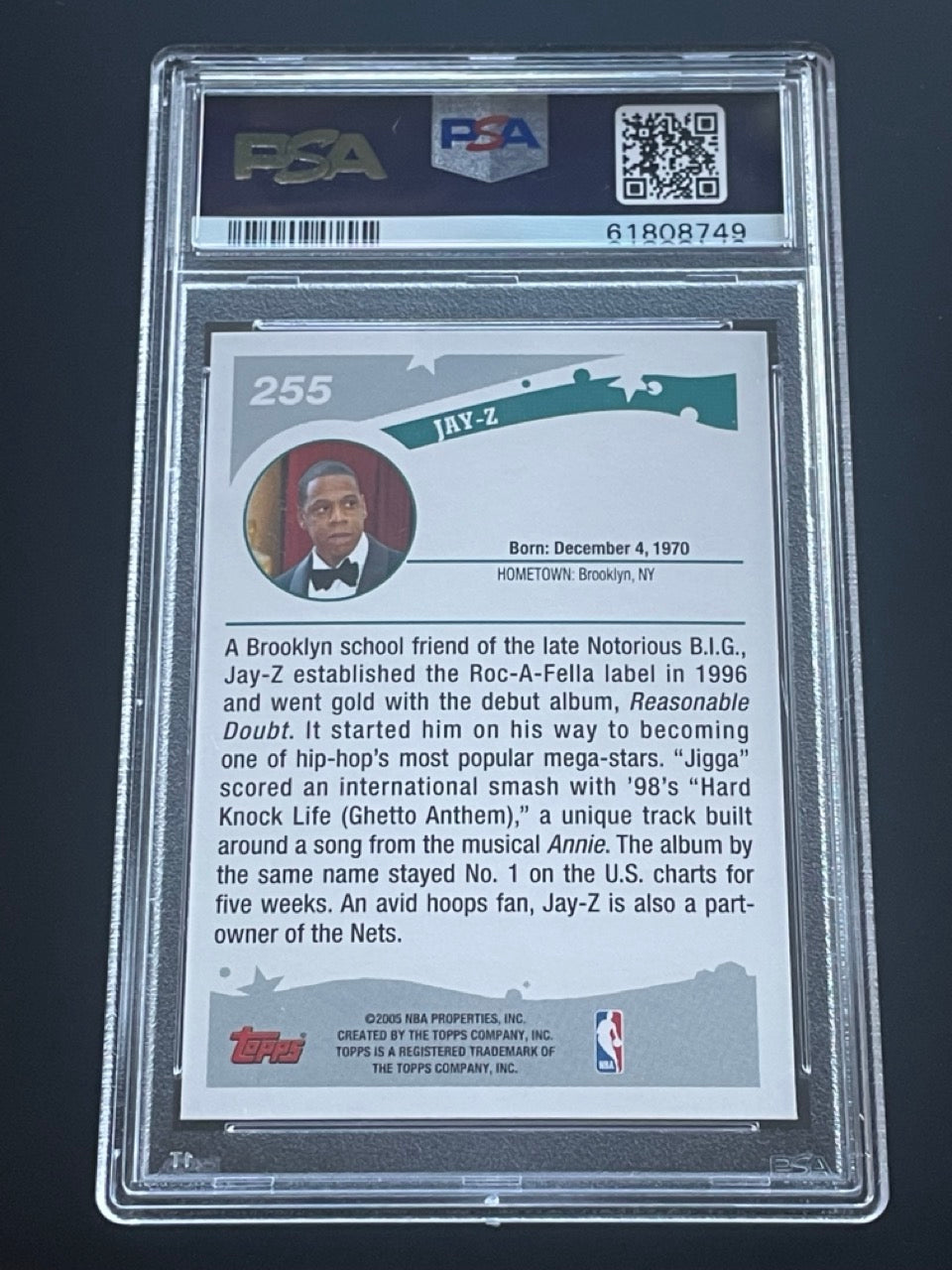 2005 Topps Jay-Z Rookie Card #255 PSA 10 Brooklyn Nets - back