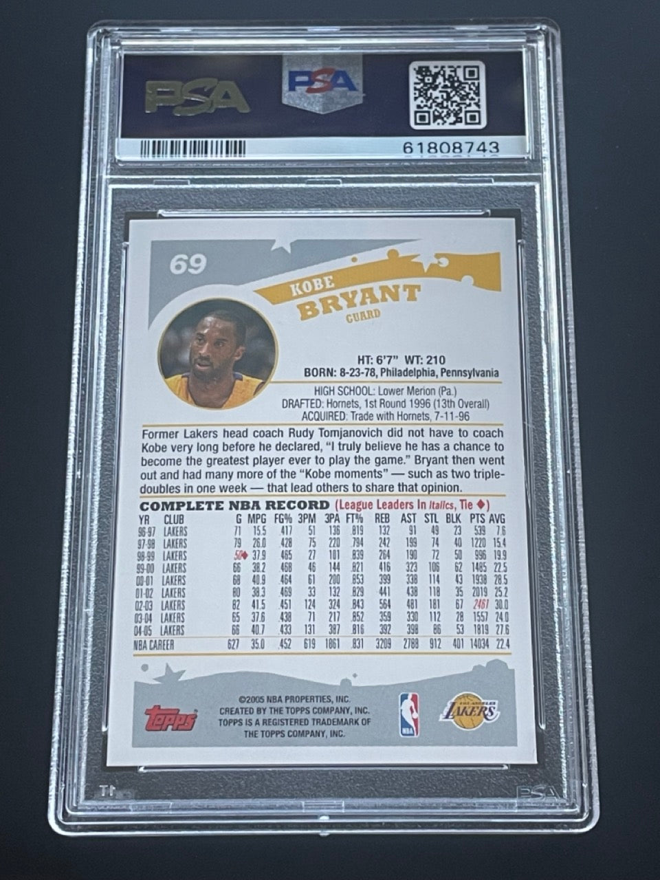 2005 Topps Kobe Bryant #69 PSA 8 Los Angeles Lakers - back