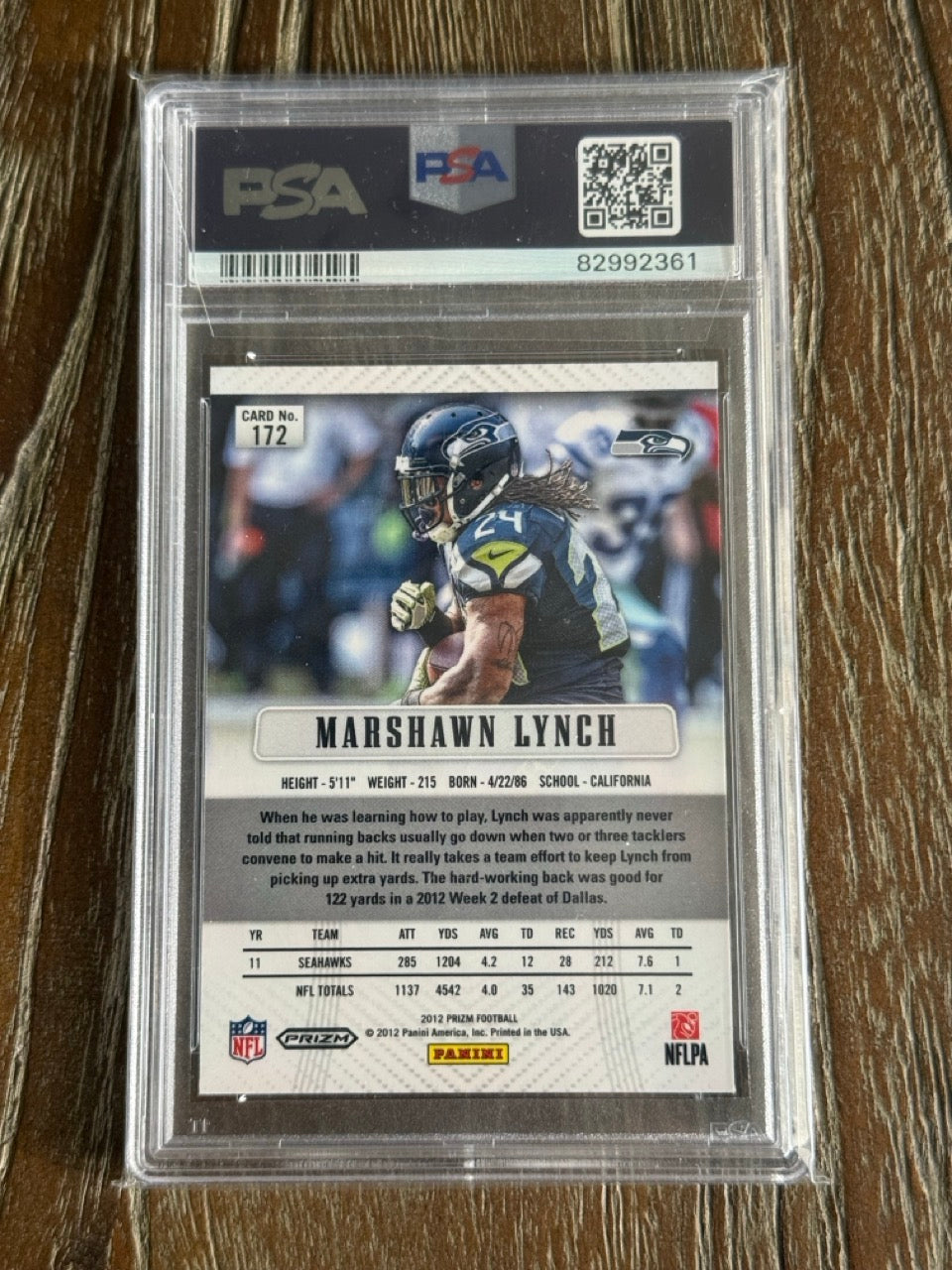 2012 Panini Prizm Marshawn Lynch Silver Prizm #172 PSA 10 back