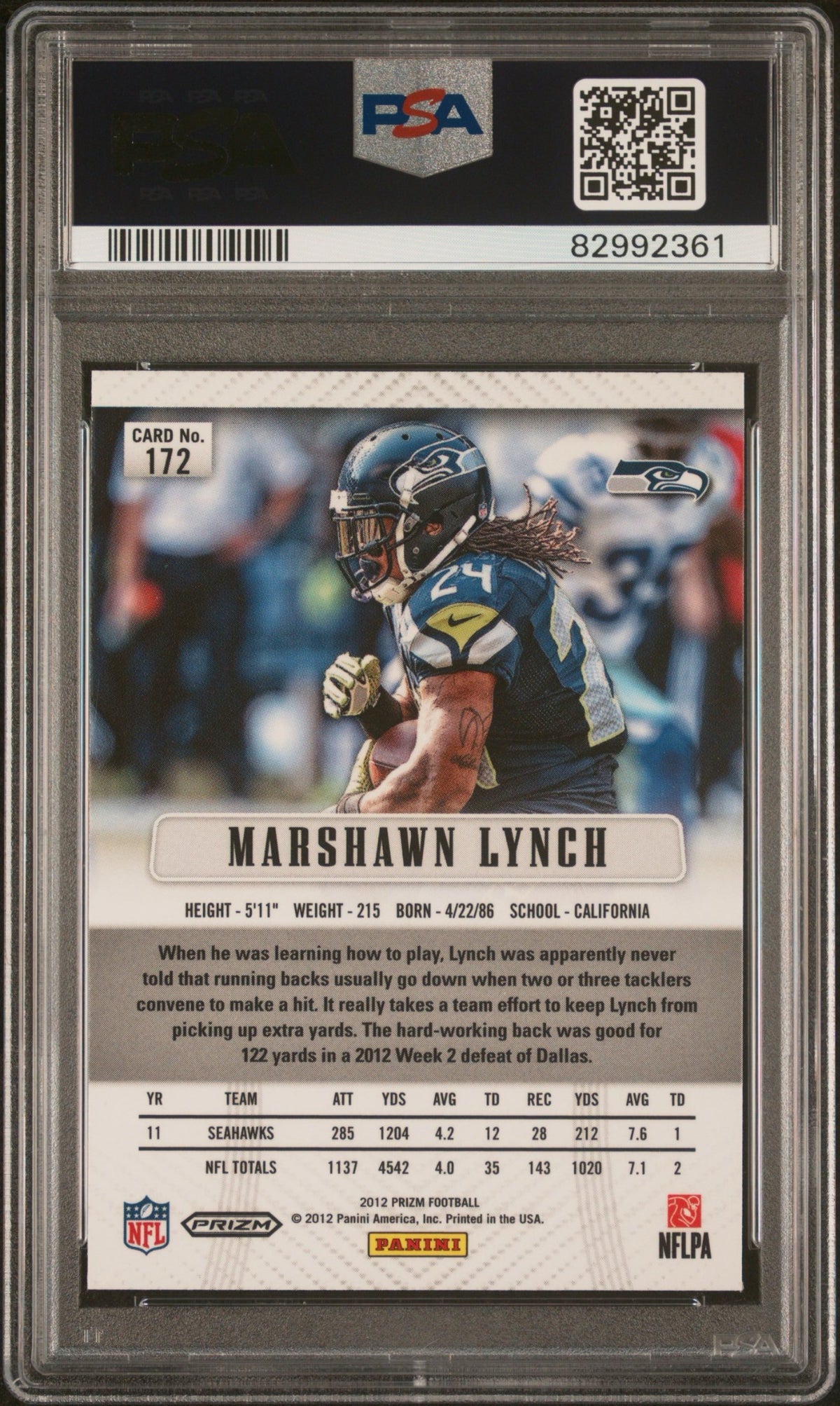 2012 Panini Prizm Marshawn Lynch Silver Prizm #172 PSA 10 back