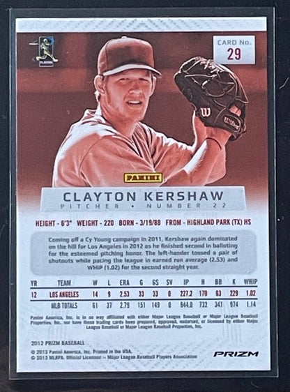 2012 Panini Prizm Clayton Kershaw Prizm (Silver) #29 LA Dodgers - back