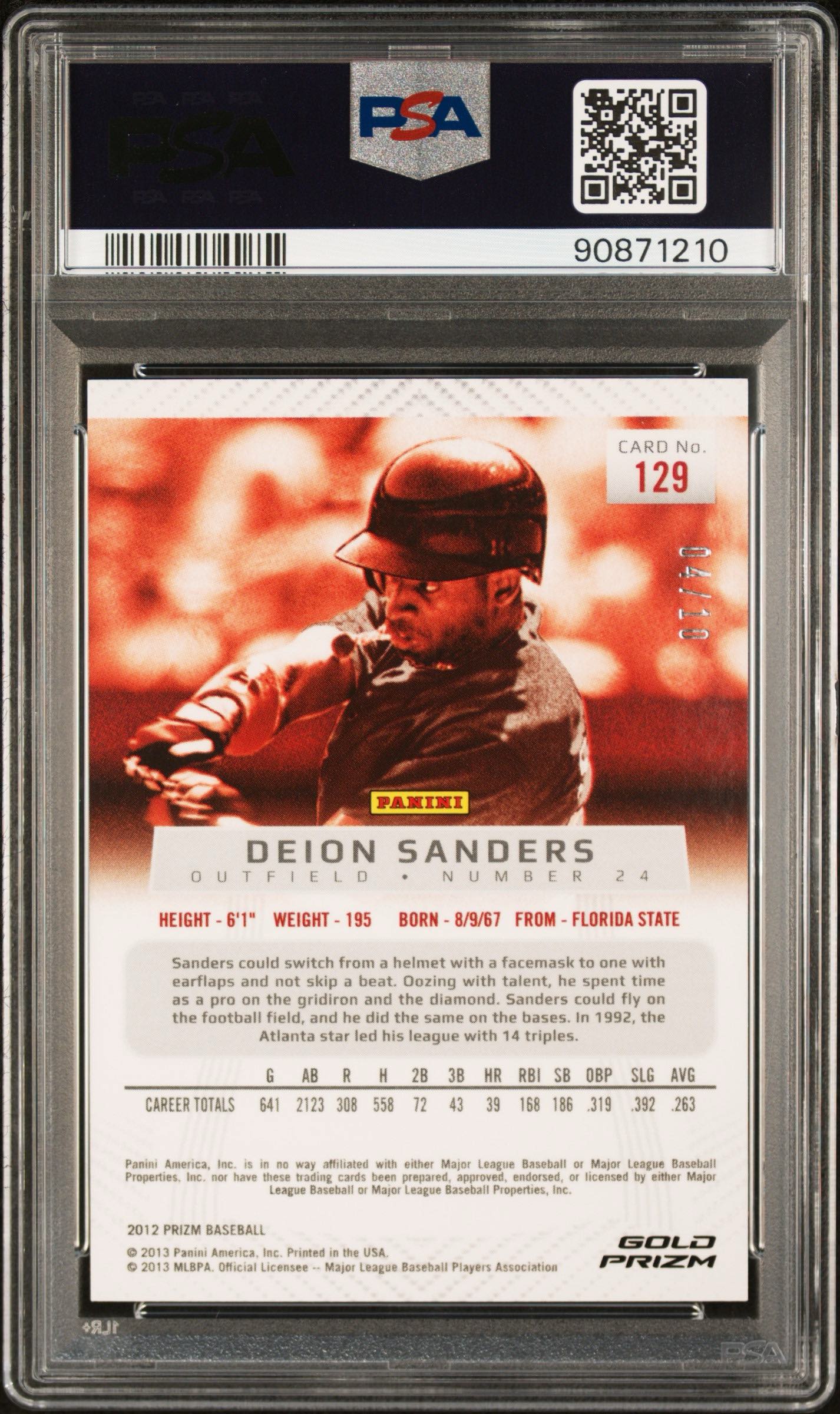 2012 Panini Prizm Deion Sanders Gold Prizm /10  #129 PSA 10 - back