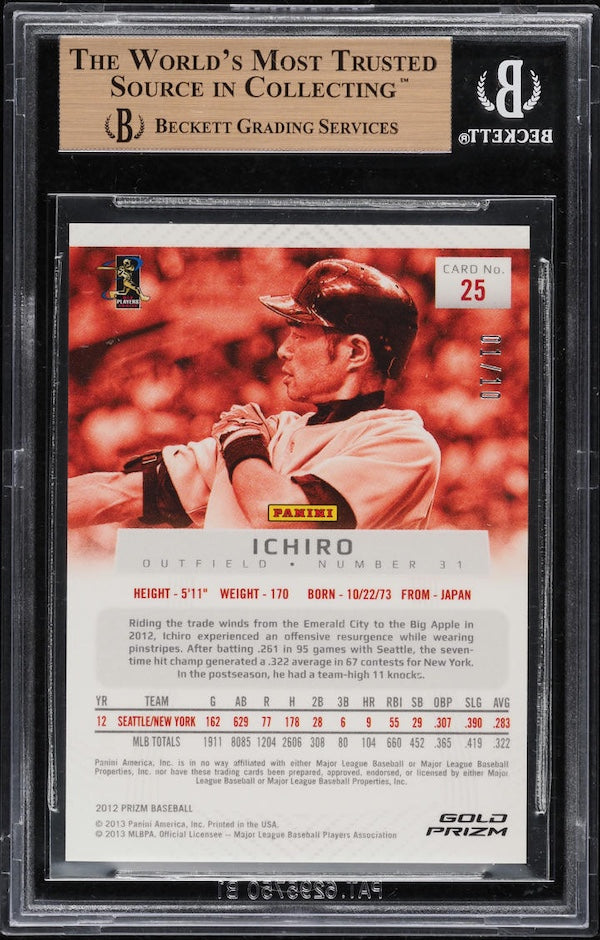 2012 Panini Prizm Ichiro Suzuki #25 Gold Prizm /10 BGS 9.5 Gem Mint NYY - back