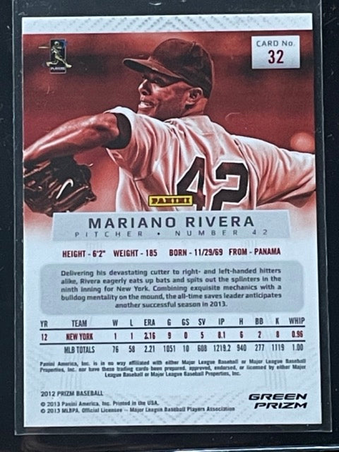 2012 Panini Prizm Mariano Rivera Green Prizm #32 NY Yankees - back