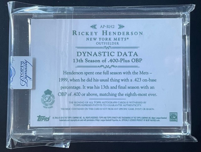 2015 Topps Dynasty Rickey Henderson Game Used 5-Color Patch Auto On-Card #2/5 #AP-RH2 (sealed) - back