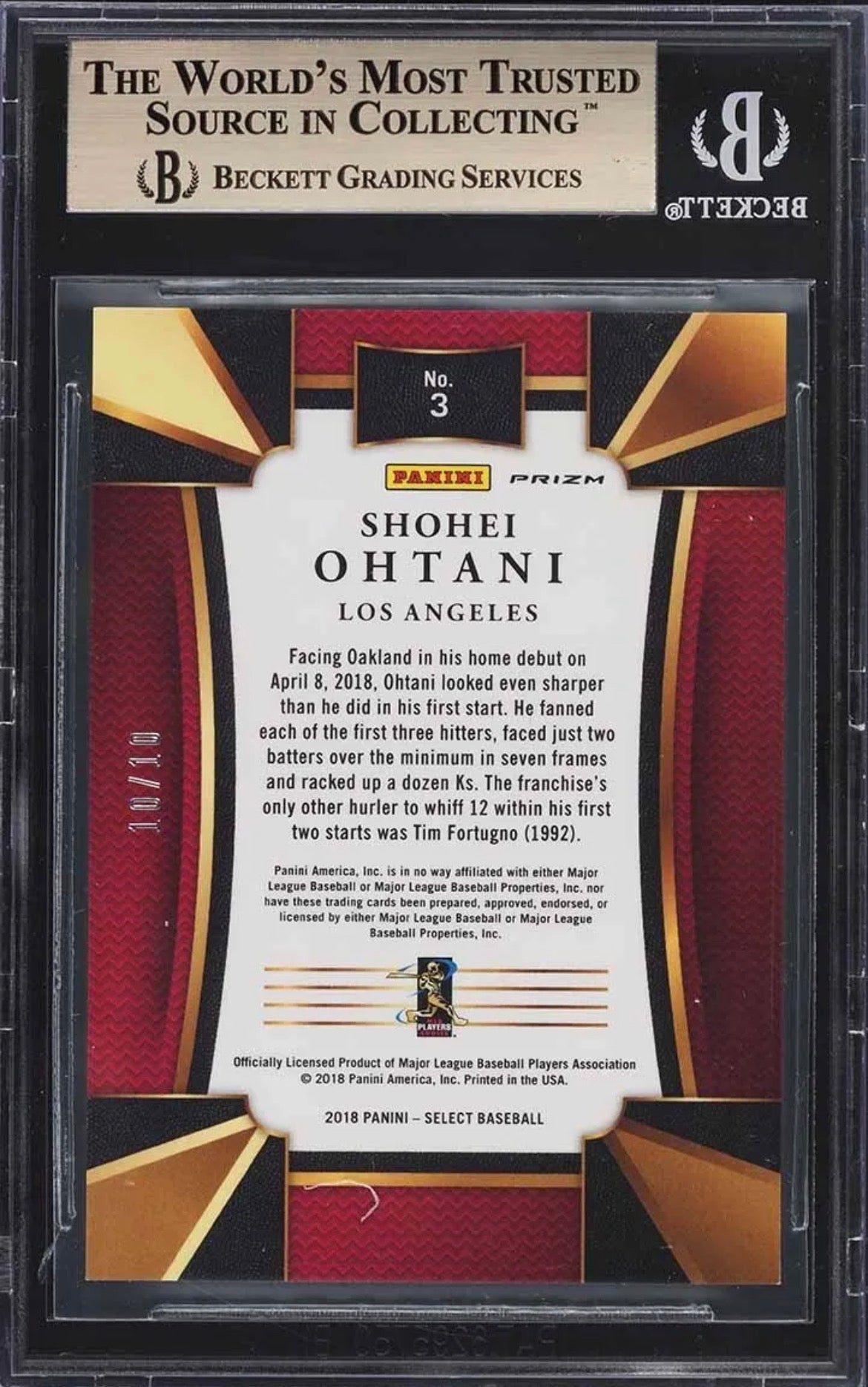 2018 Panini Select Shohei Ohtani #3 Gold Prizm RC Rookie /10 BGS 9.5 Dodgers Angels - back