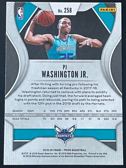 2019 Panini Prizm PJ Washington Jr. Rookie Card #258 Hornets - back