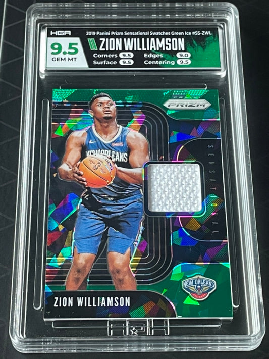 2019 Panini Prizm Zion Williamson Sensational Swatches Green Ice Rookie card /56 #SS-ZWL HGA 9.5 Gem Mint