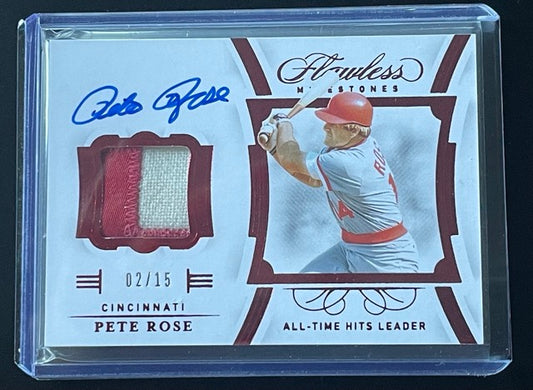 2020 Panini Flawless Pete Rose Ruby Milestones Game Used Patch Auto On-Card #2/15 2 Color Patch