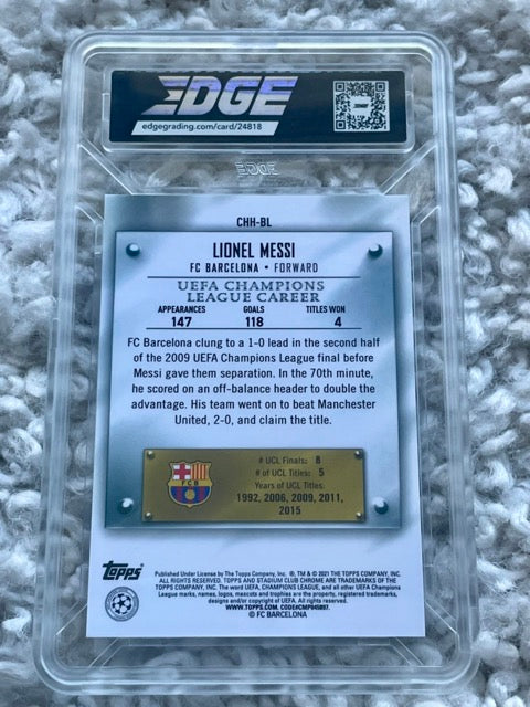 2020 Topps Stadium Club Chrome UEFA Lionel Messi Cup Holder's Honour - Graded Edge Mint 9 - back