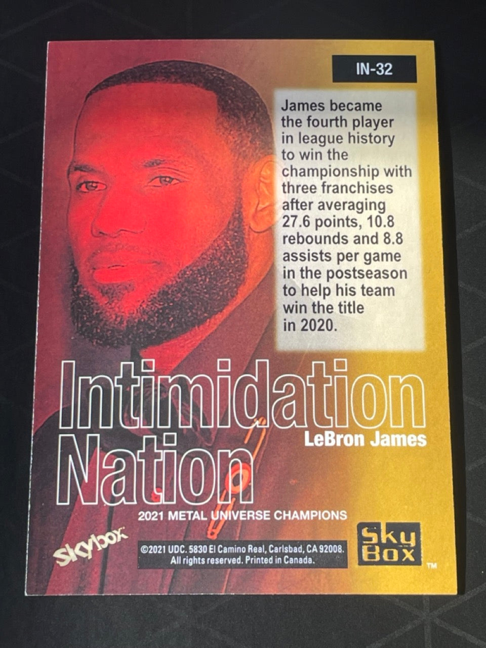 2021 Skybox Metal Universe Champions LeBron James Intimidation Nation #IN-32 - back