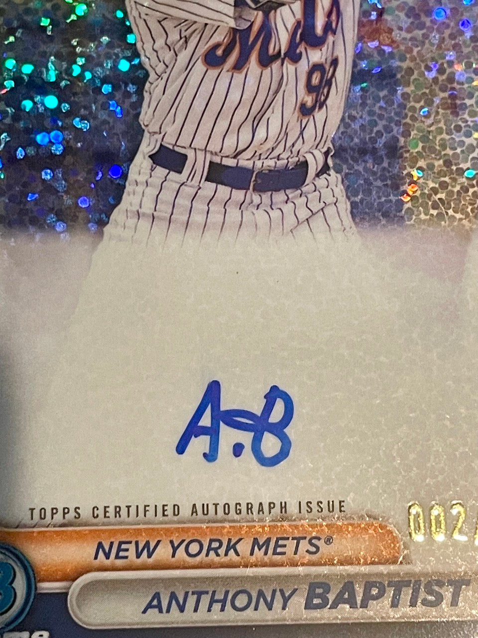 2024 Bowman Chrome Anthony Baptist 1st AUTO Speckle Sparkle Refractor serial numbered 2 of 299 - zoom on autograph