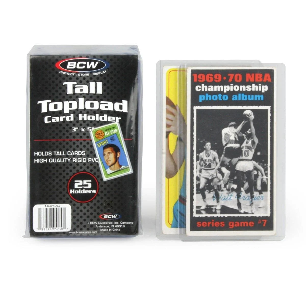 25 Pack BCW Tall Boy Top Loaders (Size 3x5) - package of 25 pictured, alongside two tall boy basketball cards from '69 and '70-era Topps