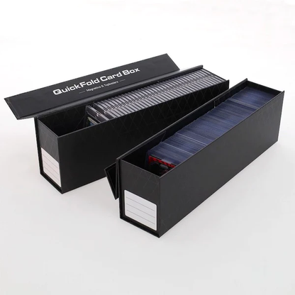 Depicting two open QuickFold card storage boxes, one filled with magnetic card holders, and the other with top loaders.