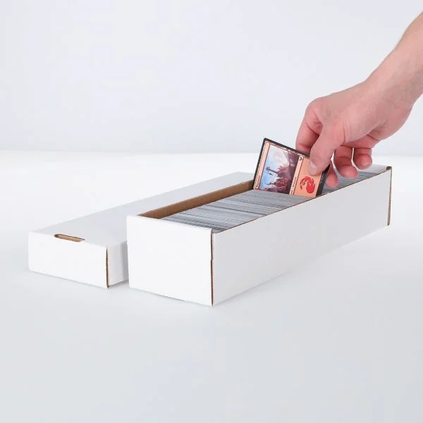 MEGA card storage box removable top - opened box with hand extracting trading card