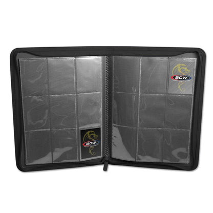 9-Pocket Sports Card Binder (fits 360 cards) all Black with Red stitching Unzipped Open 1-zf9lx-blk