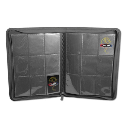 9-Pocket Sports Card Binder (fits 360 cards) all Gray with light Green stitching Unzipped Open 1-zf9lx-gry