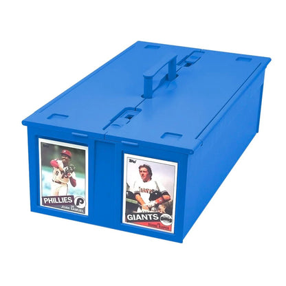 Card Storage Box in blue color fits 1600 sports cards - Closed Box Lid and Locked with Handle Elevated ready for carrying (1-ccb-1600-blu)