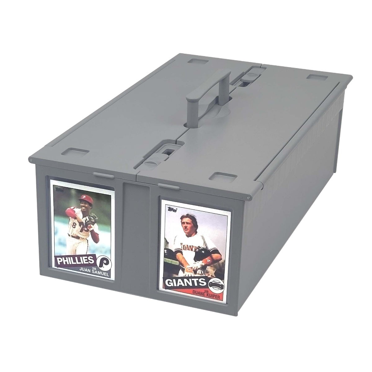 Card Storage Box in gray color fits 1600 sports cards - Closed Box Lid and Locked with Handle Elevated ready for carrying (1-ccb-1600-g-gry)