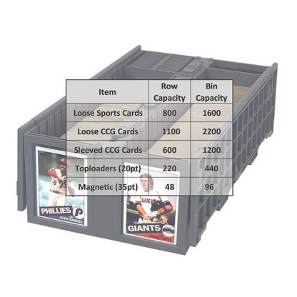 Card Storage Box Capacity table overlaid on Gray storage box - 1600 sports cards - 2200 trading cards -- 1200 sleeved trading cards