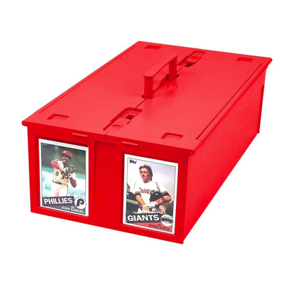Card Storage Box in red color fits 1600 sports cards - Closed Box Lid and Locked with Handle Elevated ready for carrying (1-ccb-1600-red)