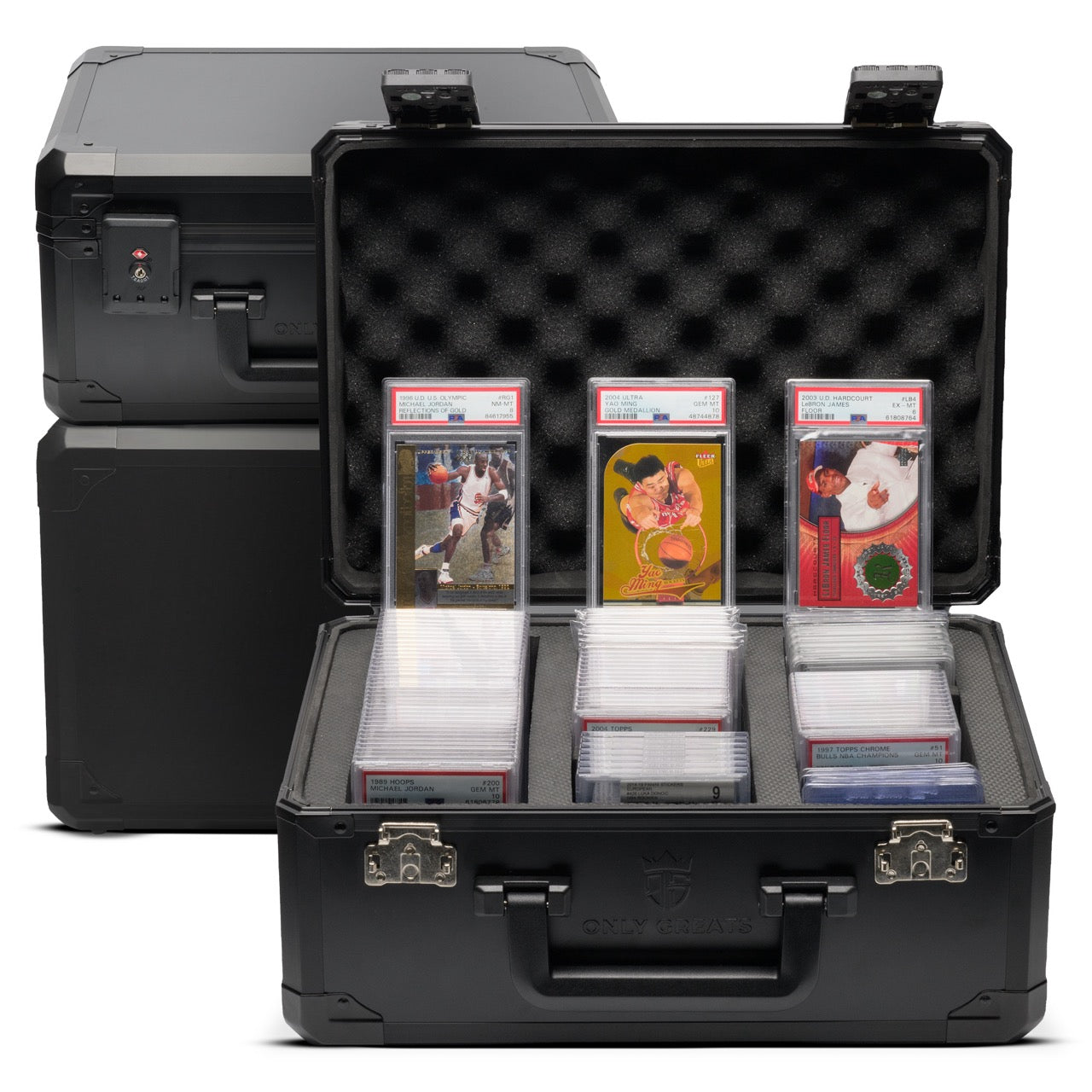 Graded Card Storage Case - 3-rows fits PSA, BGS, SGC, CGC - open case with 3 PSA slabs showing (Michael Jordan, Yao Ming, LeBron James). $20 Free Grading Credit Promotion * Terms apply.