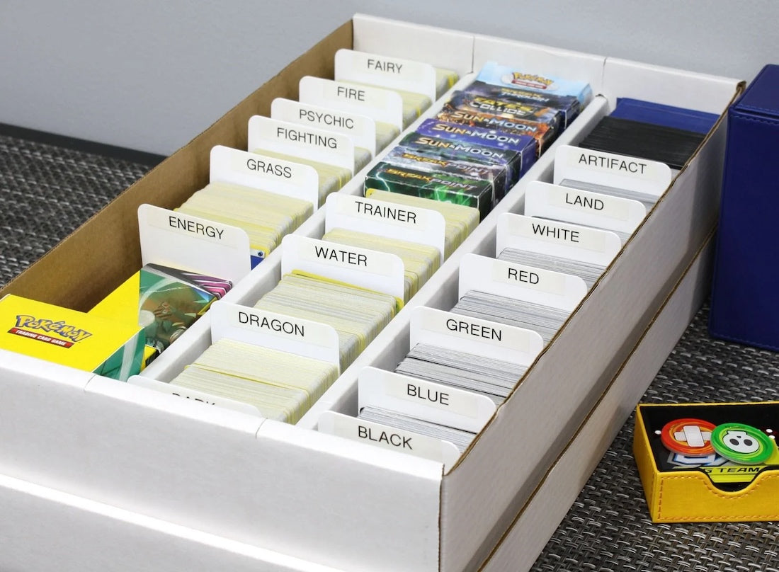 Pokémon Cards organized in box using trading card dividers