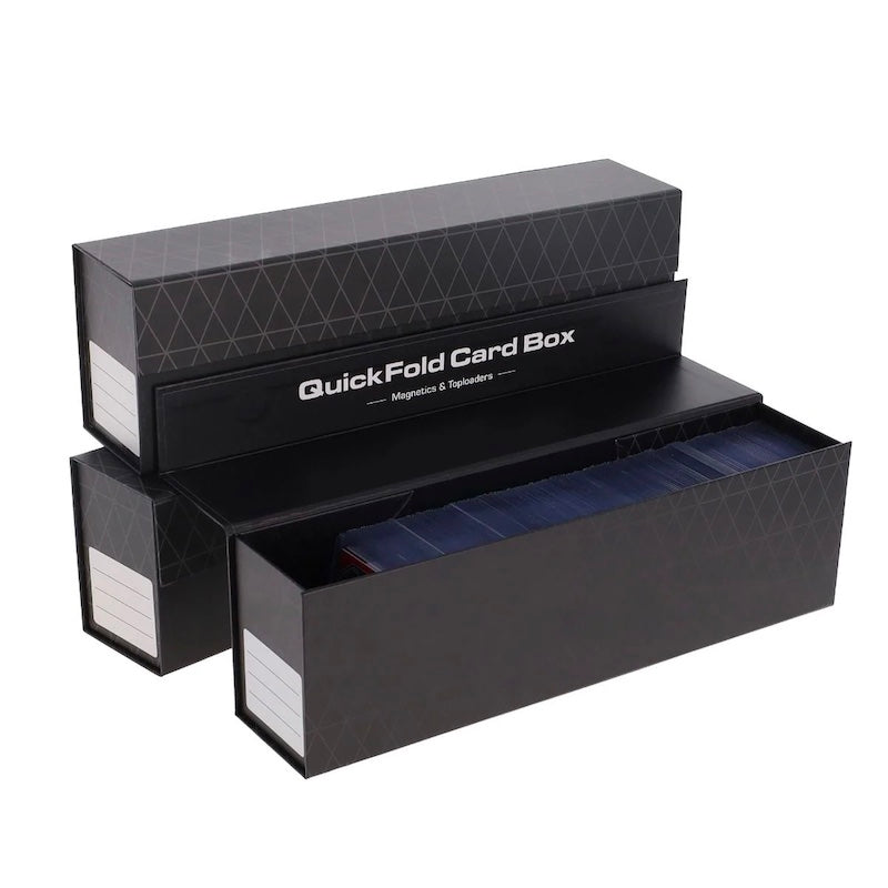 Pictured are 3 QuickFold Card Boxes for Magnetic Card Holders and Toploaders by BCW