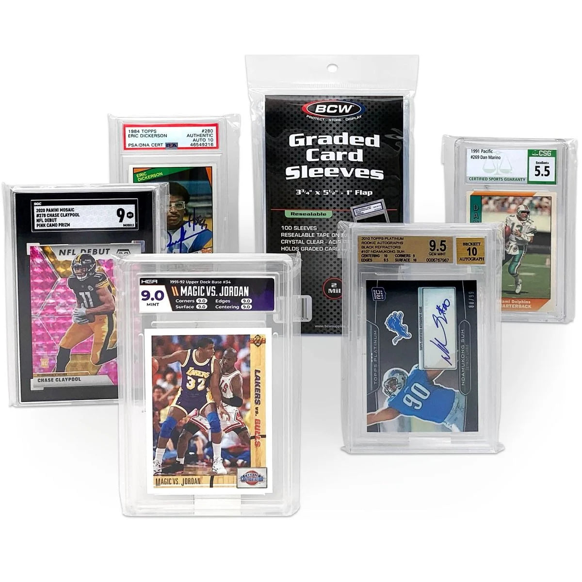 100 Pack Resealable Graded Card Sleeves - Multiple graded cards sleeved from various companies (PSA, SGC, BGS, HGA, and CGC)