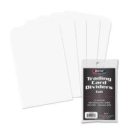 10 Pack "Tall" Trading Card Dividers (for Organization) -  pack showing in front of 5 loose card dividers