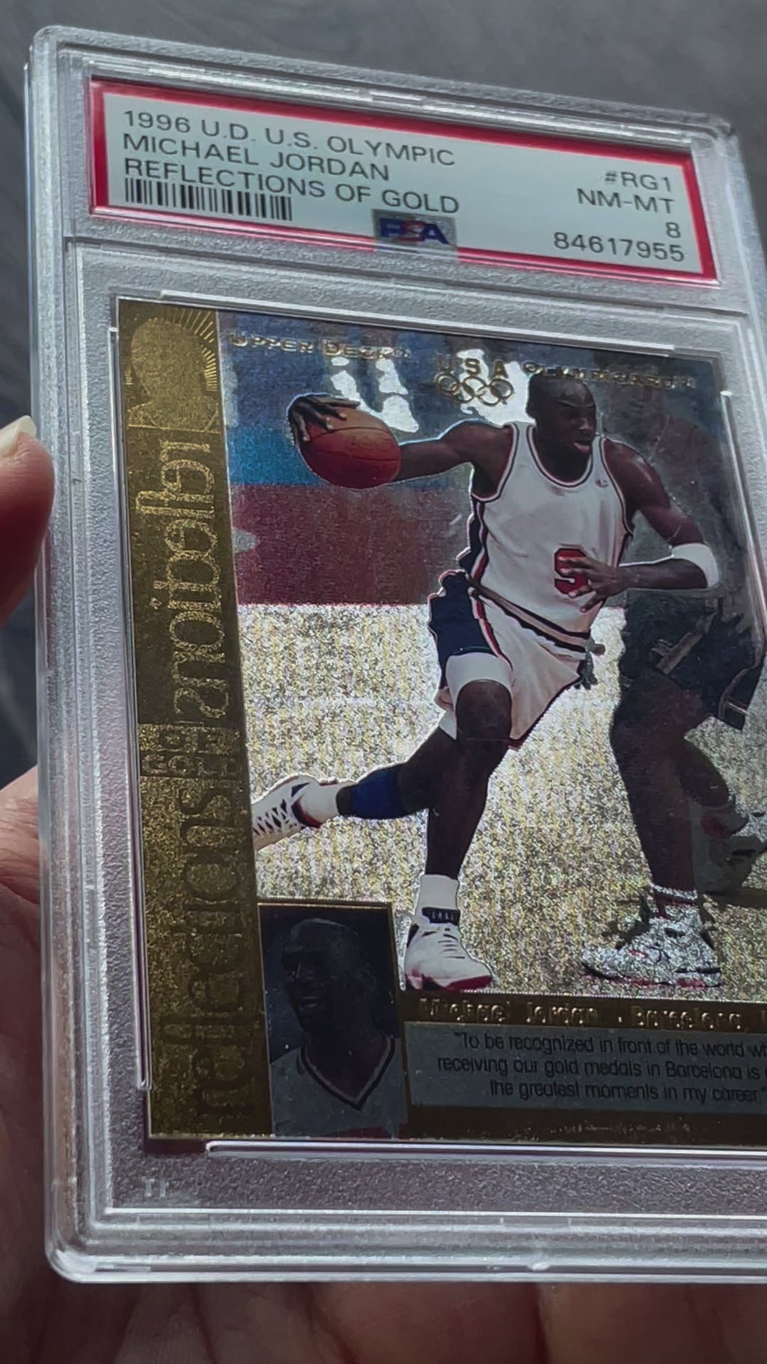 1996 Upper Deck US Olympic Michael Jordan Reflections of Gold #RG1 PSA 8 - video